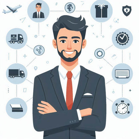 Vector illustration of a businessman in a flat style on the theme of business.のイラスト素材