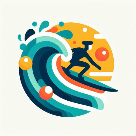 Surfer in the water. Vector illustration in flat style. Design elementのイラスト素材