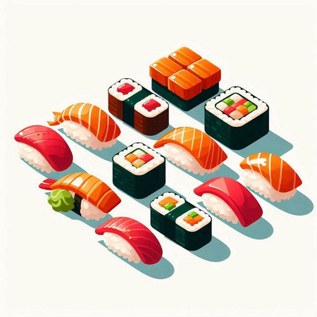 Sushi isometric composition with rolls and sushi rolls isolated vector illustrationのイラスト素材