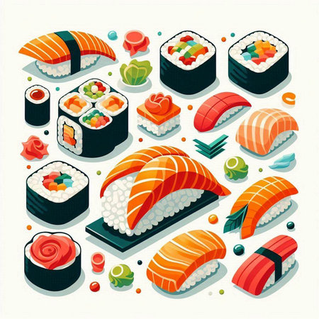 Sushi set in isometric 3d style. Vector illustration.のイラスト素材