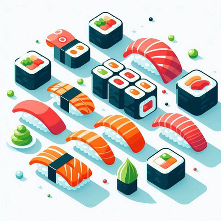 Sushi isometric icons set with rolls and wasabi isolated vector illustrationのイラスト素材