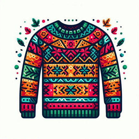 Vector illustration of a knitted sweater with tribal ornaments.のイラスト素材