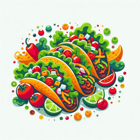 Mexican tacos with vegetables and fruits on white background. Vector illustration.のイラスト素材