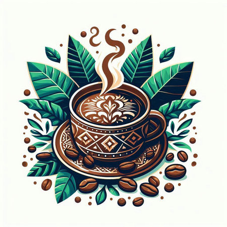 Coffee cup with coffee beans and leaves. Vector illustration.のイラスト素材