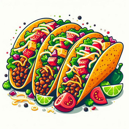 Illustration of mexican tacos with meat and vegetables on white backgroundのイラスト素材