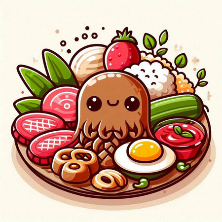 Kawaii cartoon illustration of a set of food. Vector illustration.のイラスト素材