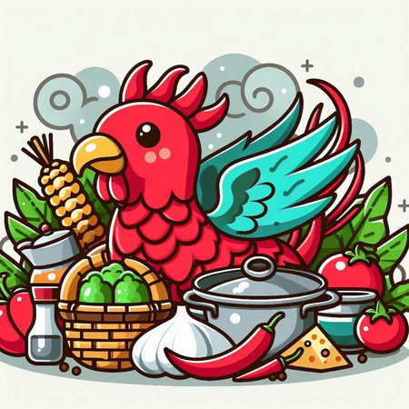 Vector illustration of a red parrot with a basket of vegetables.のイラスト素材