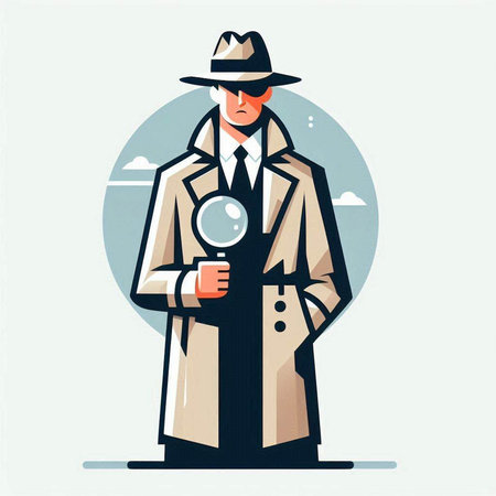 Vector illustration of detective in hat and coat with magnifying glass.のイラスト素材