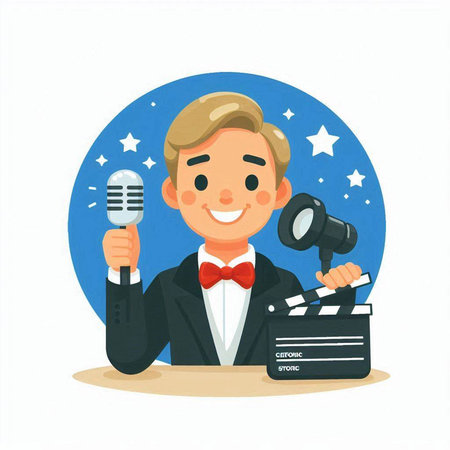 Cartoon man with microphone and clapperboard. Vector illustration.のイラスト素材