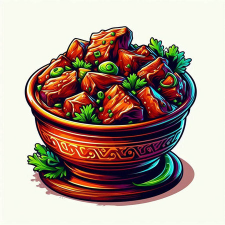 Illustration of a bowl of beef stew with parsley and dillのイラスト素材