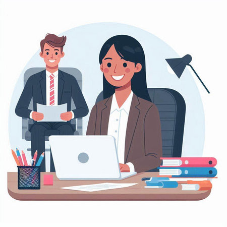 Smiling businesswoman and man sitting at desk with laptop and documents. Vector illustration.のイラスト素材