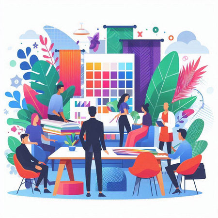 Business people working in office. Teamwork, brainstorming concept. Vector illustration in flat styleのイラスト素材