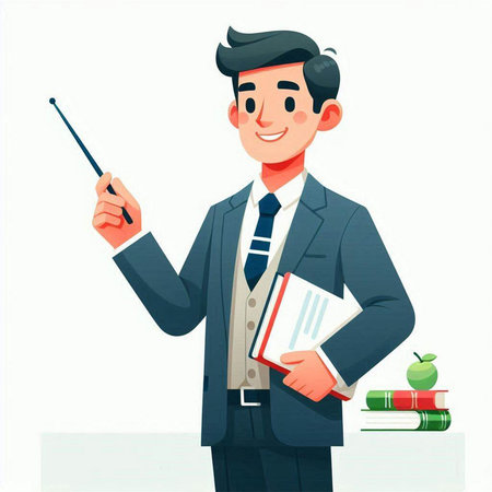 Businessman with a pointer and books. Vector illustration in cartoon style.のイラスト素材