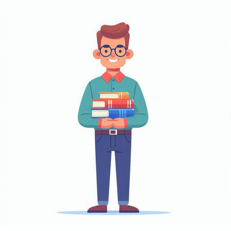 Student with pile of books. Male character in flat style. Vector illustrationのイラスト素材