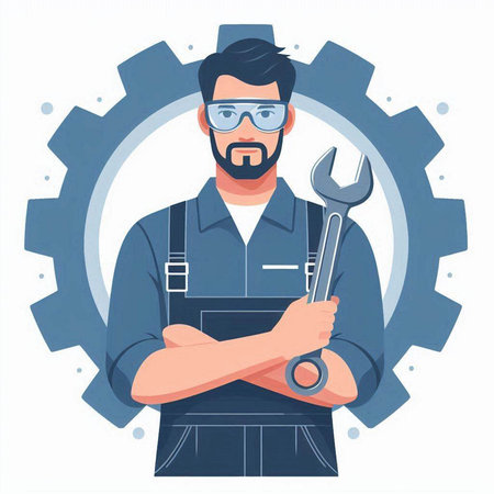Vector illustration of a mechanic with a wrench in his hands. Mechanic holding a wrench.のイラスト素材