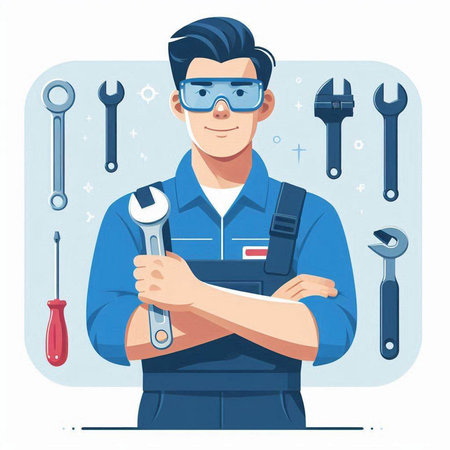 Mechanic in uniform with tools. Vector illustration in cartoon style.のイラスト素材