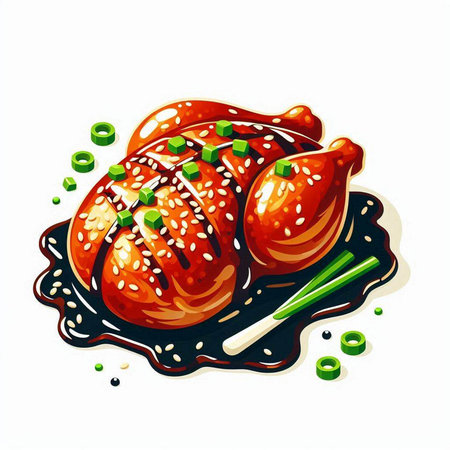 Grilled chicken on a plate with green onions. Vector illustration.のイラスト素材