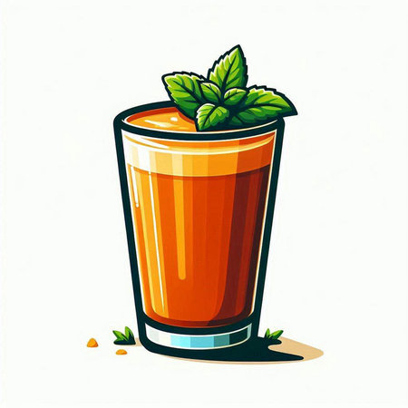 Vector illustration of a glass of orange juice with mint leaves on a white backgroundのイラスト素材