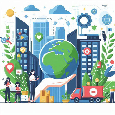 Vector illustration of global logistics and delivery service. Flat line design concept for web banner, infographics, hero images.のイラスト素材
