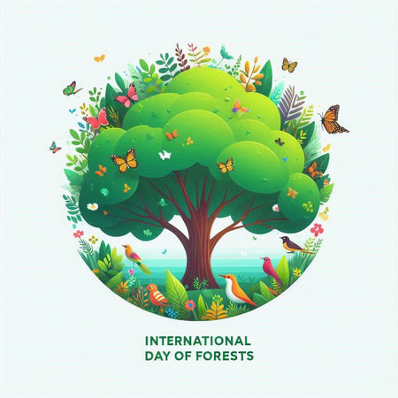 Green tree with butterflies and birds. Vector illustration for your design.のイラスト素材