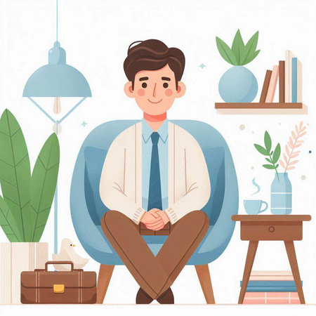 Businessman sitting in armchair at home, flat vector illustration.のイラスト素材