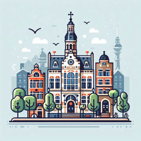 Amsterdam city skyline, Holland, Netherlands. Vector illustration in flat linear style.のイラスト素材