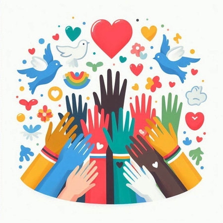 Vector illustration of hands raised up in a circle with hearts, flowers and birds.のイラスト素材