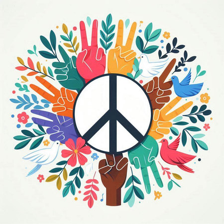 Vector illustration of peace symbol with human hands and flowers around it.のイラスト素材