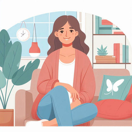 Young woman sitting on the sofa in the living room. Vector illustration.のイラスト素材