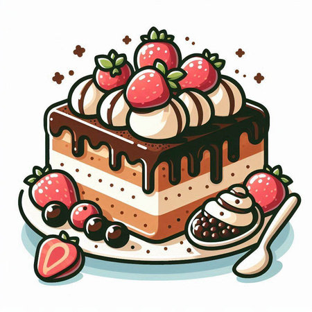 Vector illustration of a chocolate cake with strawberries, raspberries and blueberriesのイラスト素材