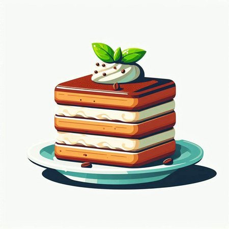 Vector illustration of a piece of cake with cream and mint leaves.のイラスト素材
