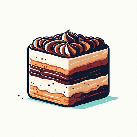 Piece of chocolate cake with cream on top. Vector illustration.のイラスト素材