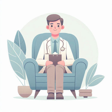 Doctor sitting in armchair and holding clipboard. Vector illustration in cartoon styleのイラスト素材