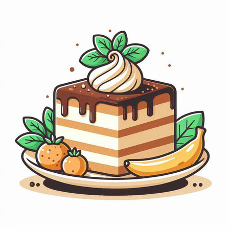 Tiramisu cake with whipped cream and fruits. Vector illustration.のイラスト素材