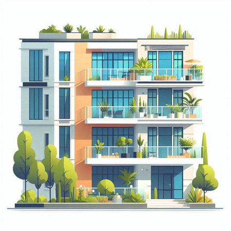 Modern apartment building on a white background. Vector illustration in flat style.のイラスト素材
