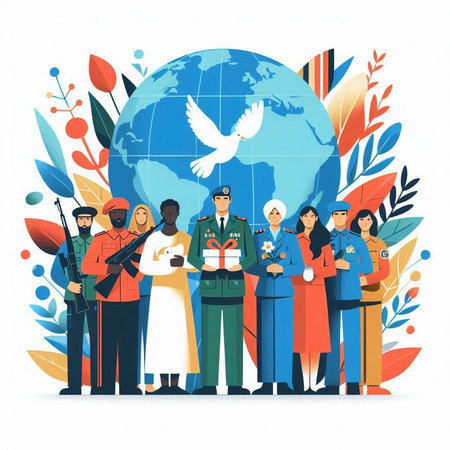 People of different nationalities and religions standing around the globe. Flat vector illustration.のイラスト素材