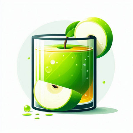 Green apple juice in a glass with slices of apple. Vector illustration.のイラスト素材