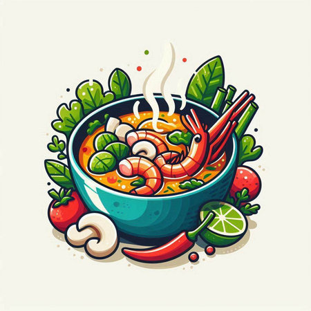Tom Yum Goong soup with shrimps and vegetables, vector illustrationのイラスト素材