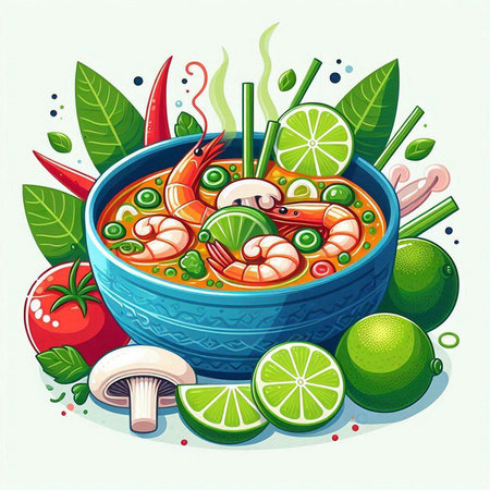 Illustration of a bowl of spicy soup with prawns and vegetablesのイラスト素材