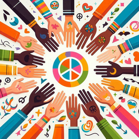 Hands of different ethnicities and religions in circle. Vector illustration.のイラスト素材