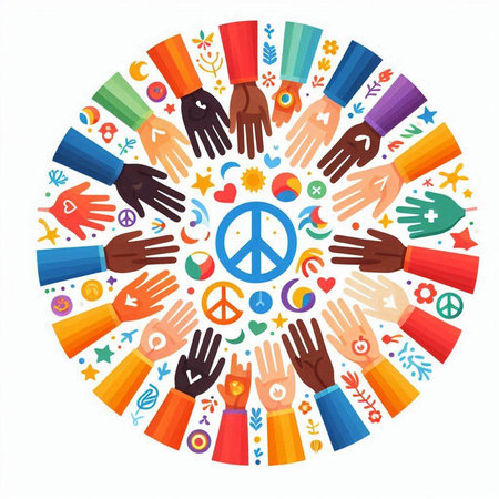Hands of diverse people around the peace symbol. Vector illustration.のイラスト素材