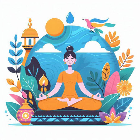 Woman meditating in the lotus position on the background of nature. Vector illustrationのイラスト素材