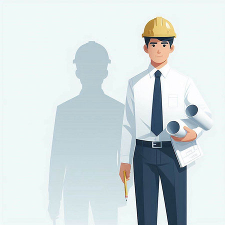 Engineer with blueprints and man in a helmet. Vector illustrationのイラスト素材