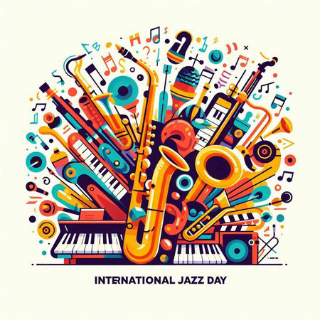 International Jazz Day hand drawn vector illustration. Colorful composition with musical instruments.のイラスト素材