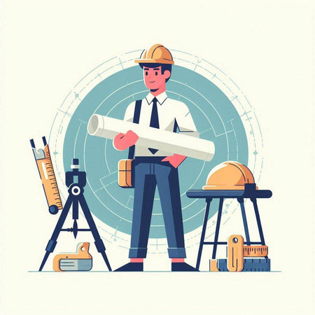 Architect working at the construction site. Vector illustration in flat styleのイラスト素材