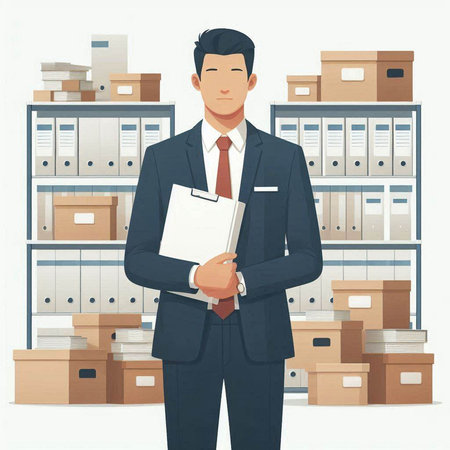 Businessman standing in the office and holding a clipboard. Vector illustration.のイラスト素材