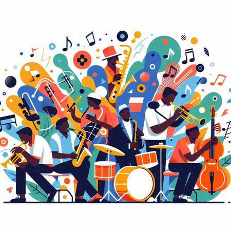 Jazz music band with musical instruments. Vector illustration in flat styleのイラスト素材