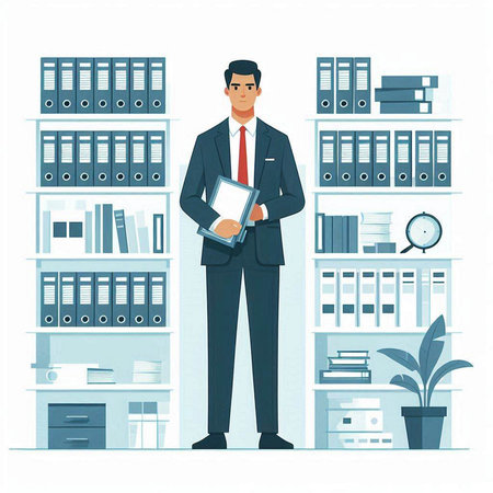 Businessman standing in the office. Vector illustration in flat style.のイラスト素材