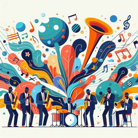 Vector illustration of jazz musicians playing musical instruments. Music festival background.のイラスト素材