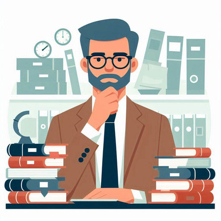 Man in office. Vector illustration in a flat style. Businessman at work.のイラスト素材